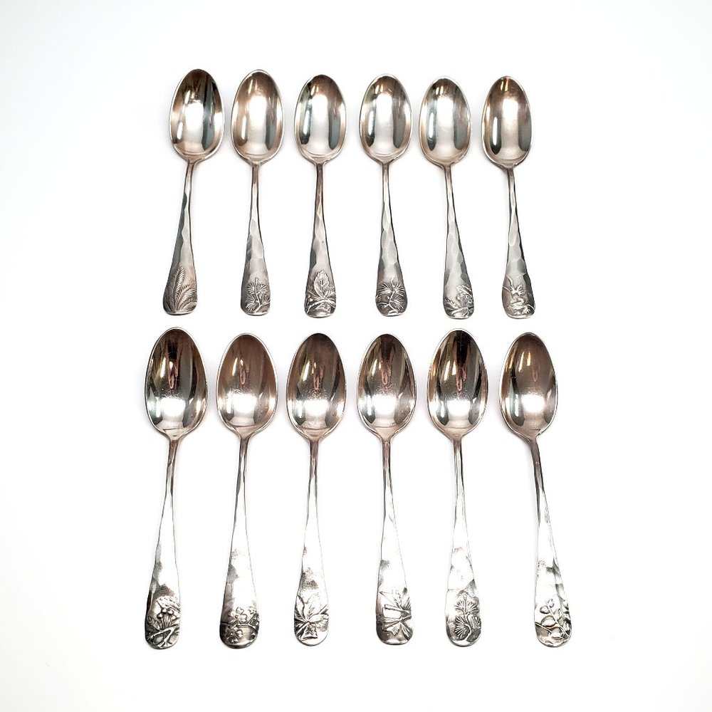 Set of 12 Antique George Shiebler Plant Pattern Silver Demitasse Spoons #6773